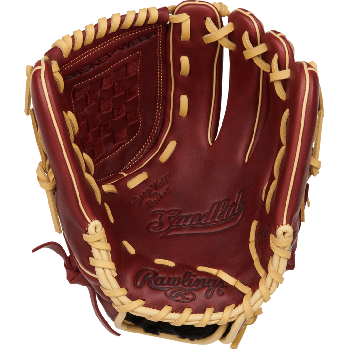 The Rawlings Sandlot 12" Baseball Glove (S1200BSH) features durable oiled leather in brown and tan, detailed stitching, open pocket, and Rawlings logos on the palm and thumb for a blend of style and performance.