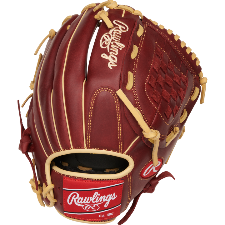The Rawlings Sandlot 12" Baseball Glove (S1200BSH) is a brown glove with tan laces, a woven web pocket, and features the Rawlings logo on both the wrist strap and top.