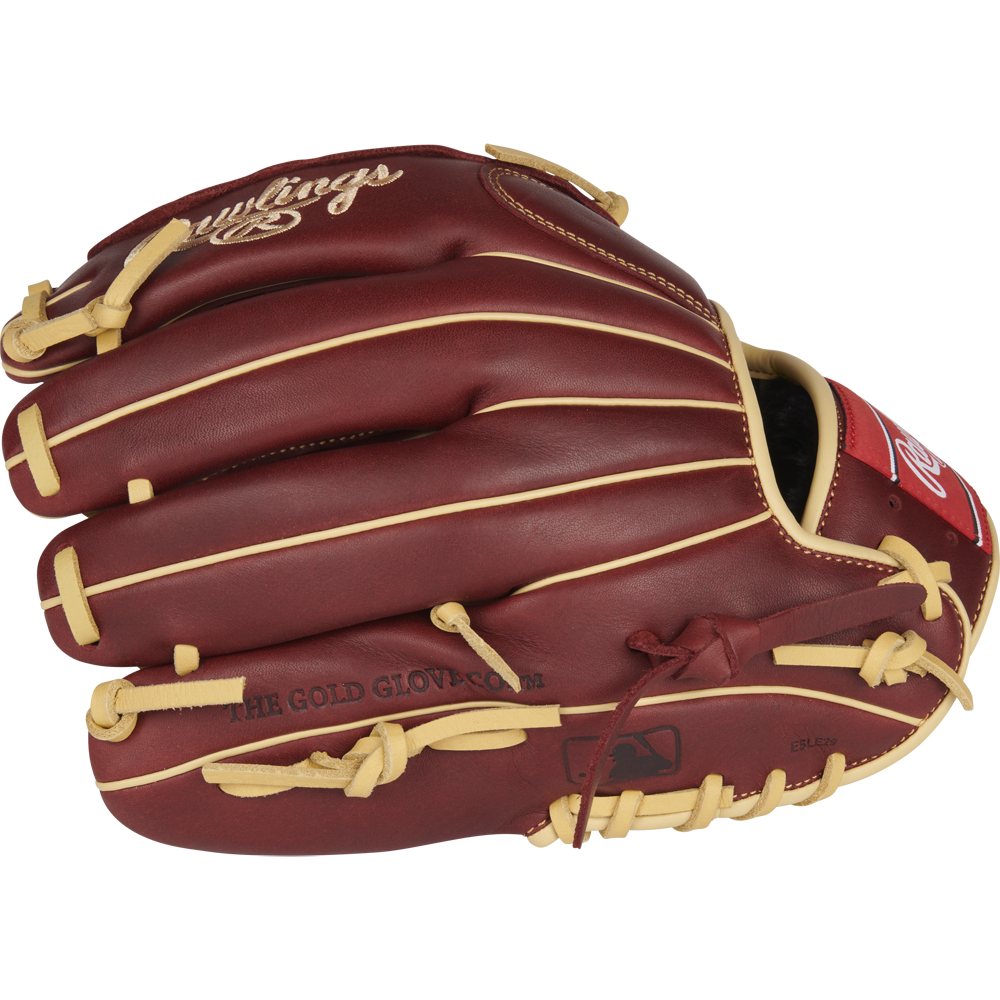 The Rawlings Sandlot 12" Baseball Glove (S1200BSH) features a maroon and tan design, gold stitching, “THE GOLD GLOVE CO.” embossing, and is crafted from premium oiled leather. It’s displayed on a plain white background.