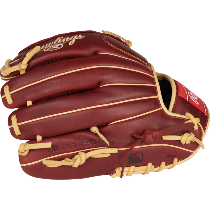 The Rawlings Sandlot 12" Baseball Glove (S1200BSH) features a maroon and tan design, gold stitching, “THE GOLD GLOVE CO.” embossing, and is crafted from premium oiled leather. It’s displayed on a plain white background.