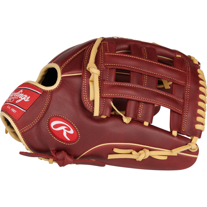 The Rawlings Sandlot 12.75" Baseball Glove (S1275HS) features a maroon and tan design, basket web, oiled leather stitching, and a red Rawlings logo patch on the wrist, shown against a plain white background.