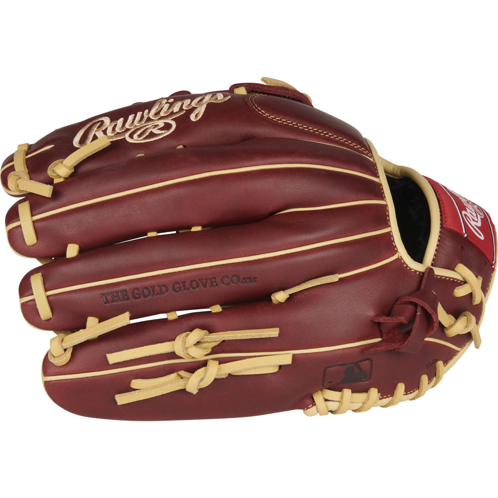 The Rawlings Sandlot 12.75" Baseball Glove (S1275HS) features brown oiled leather, tan laces, Rawlings and The Gold Glove Co. branding on the back, and a red patch near the wrist.