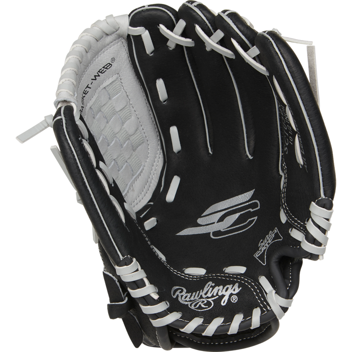 The Rawlings Sure Catch 10.5" Youth Baseball Glove (SC105BGB) features a black and white design with visible stitching, webbing, and the Rawlings logo on the palm and wrist strap.