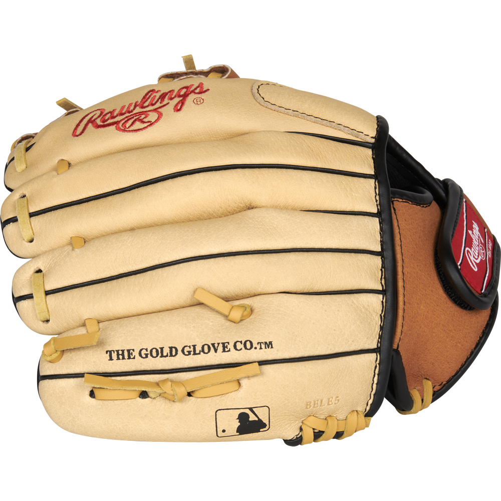 The Rawlings Sure Catch 10.5" Youth Baseball Glove (SC105TCI) is tan with black piping, tan laces, and red Rawlings logos, featuring "THE GOLD GLOVE CO." and MLB logo on the palm—ideal for young players.