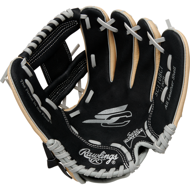 A Rawlings Sure Catch 11" Youth Baseball Glove (SC110BCI) in black and tan with white laces and logo details is displayed fully open against a plain white background.