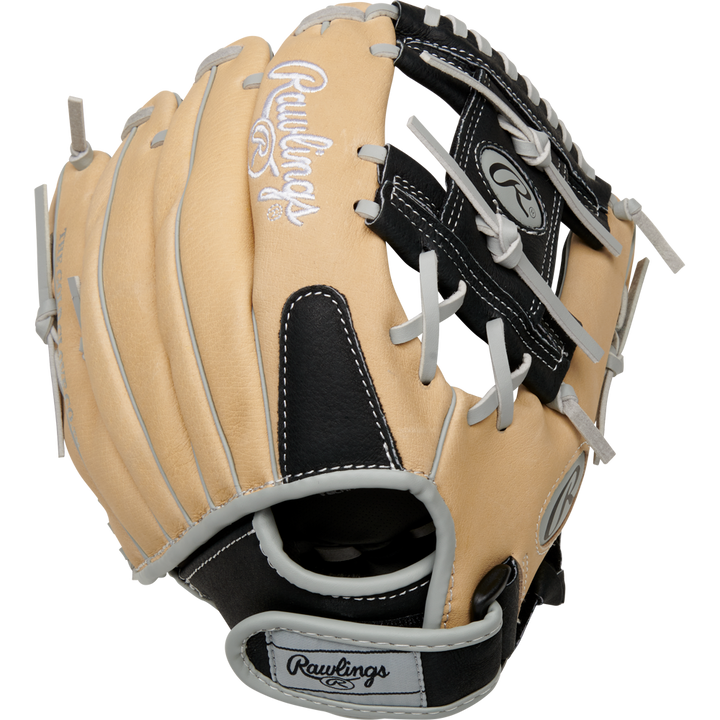 A Rawlings Sure Catch 11" Youth Baseball Glove (SC110BCI), tan and black with gray laces and Rawlings logos on the thumb and wrist strap, is shown against a plain white background.