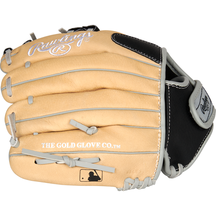 The Rawlings Sure Catch 11" Youth Baseball Glove (SC110BCI) features a tan and black design with white stitching, gray laces, “THE GOLD GLOVE CO.™” on the side, plus Rawlings and MLB logo patches near the wrist.