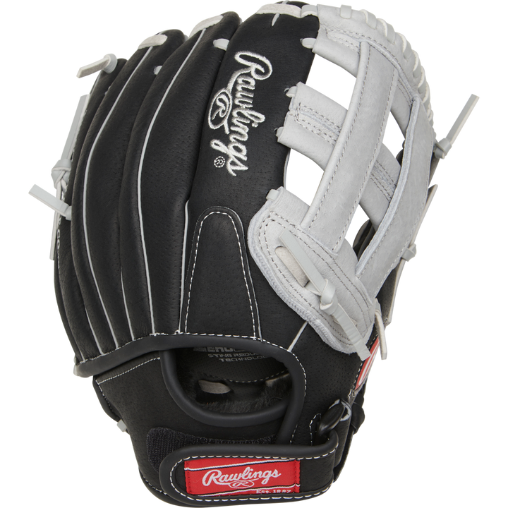 The Rawlings Sure Catch 11" Youth Baseball Glove (SC110BGH) features a black and white design, white laces, visible stitching, finger slots, webbing, and the Rawlings logo displayed on the back.