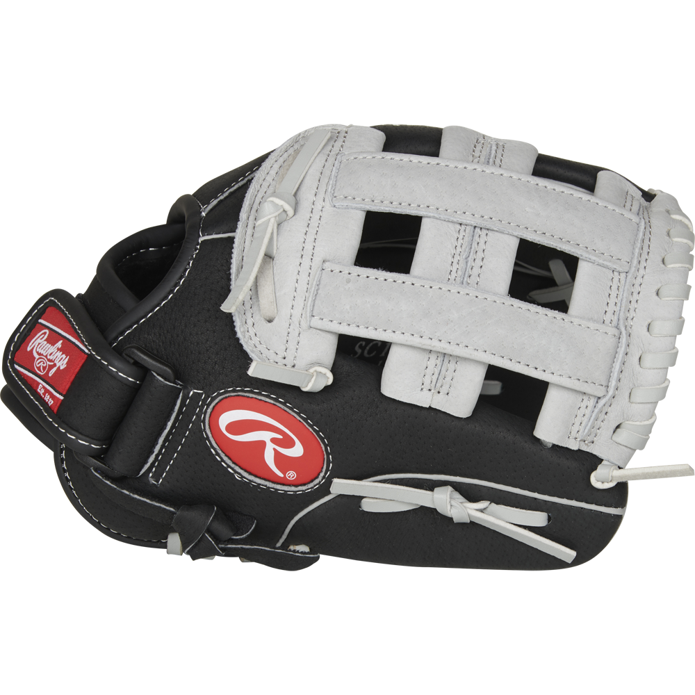 A Rawlings Sure Catch 11" Youth Baseball Glove (SC110BGH) in black and white with white laces, a red logo patch, and a webbed pocket, displayed on a plain white background.