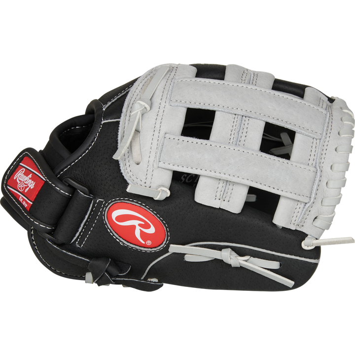 A Rawlings Sure Catch 11" Youth Baseball Glove (SC110BGH) in black and white with white laces, a red logo patch, and a webbed pocket, displayed on a plain white background.