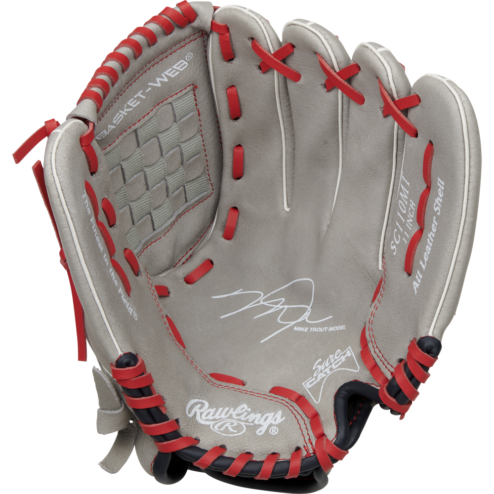 The Rawlings Sure Catch 11" Mike Trout Youth Baseball Glove (SC110MT) is a tan glove with red lacing, a woven basket web, embossed branding, and signature detail inside the palm for authenticity.
