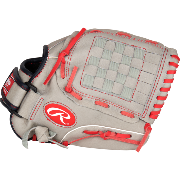 The Rawlings Sure Catch 11" Mike Trout Youth Baseball Glove (SC110MT) features tan leather, red laces, a woven web, and a red and white Rawlings logo—showcasing the quality of the Sure Catch series.