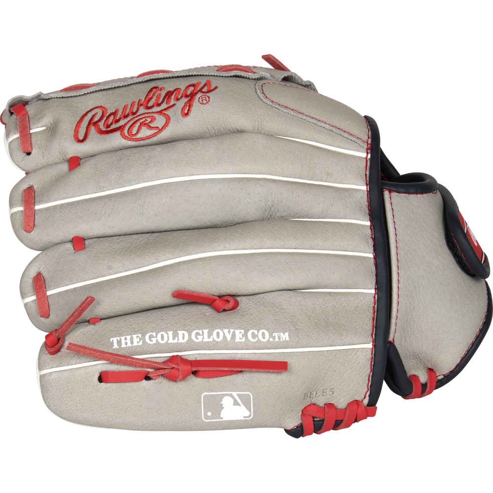 The Rawlings Sure Catch 11" Mike Trout Youth Baseball Glove (SC110MT) features a tan design with red stitching, white accents, and logos including THE GOLD GLOVE CO. and MLB printed on the thumb area.