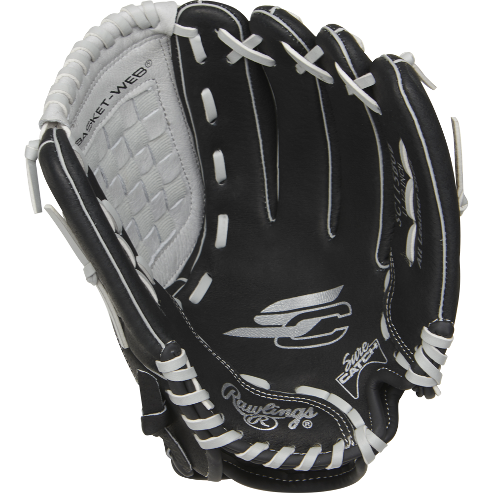 The Rawlings Sure Catch 11.5" Youth Baseball Glove (SC115BGB) features a black and white design, Basket Web, visible stitching, and an embroidered logo on the palm—perfect for young players with its easy-to-use Sure Catch construction.
