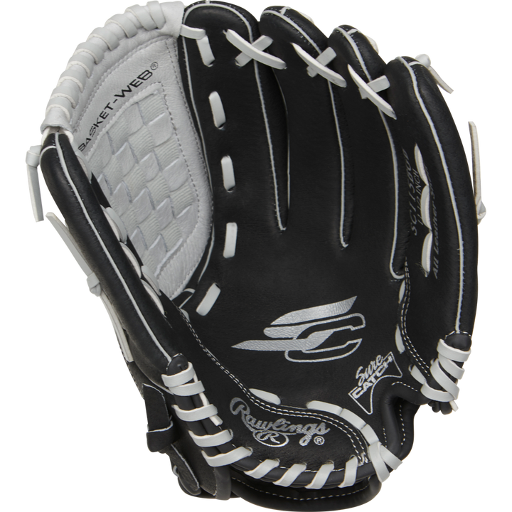 The Rawlings Sure Catch 11.5" Youth Baseball Glove (SC115BGB) features a black and white design, Basket Web, visible stitching, and an embroidered logo on the palm—perfect for young players with its easy-to-use Sure Catch construction.