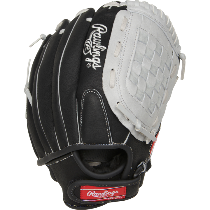 The Rawlings Sure Catch 11.5" Youth Baseball Glove (SC115BGB) features a black and white design, woven web pocket, crisp white stitching, and a red Rawlings logo patch near the wrist strap.