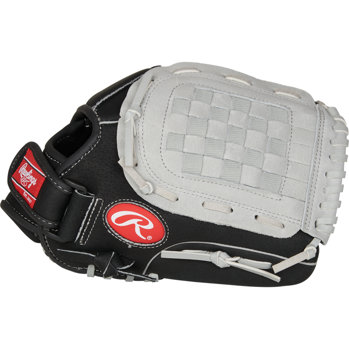 The Rawlings Sure Catch 11.5" Youth Baseball Glove (SC115BGB) features a black and white design, woven web, and a red Rawlings logo tag on the side.