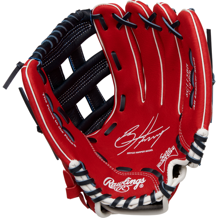 The Rawlings Sure Catch 11.5" Bryce Harper Youth Baseball Glove (SC115BH) is a red glove with black webbing, white trim, visible stitching, a white signature, and "Bryce Harper Model" on the palm.