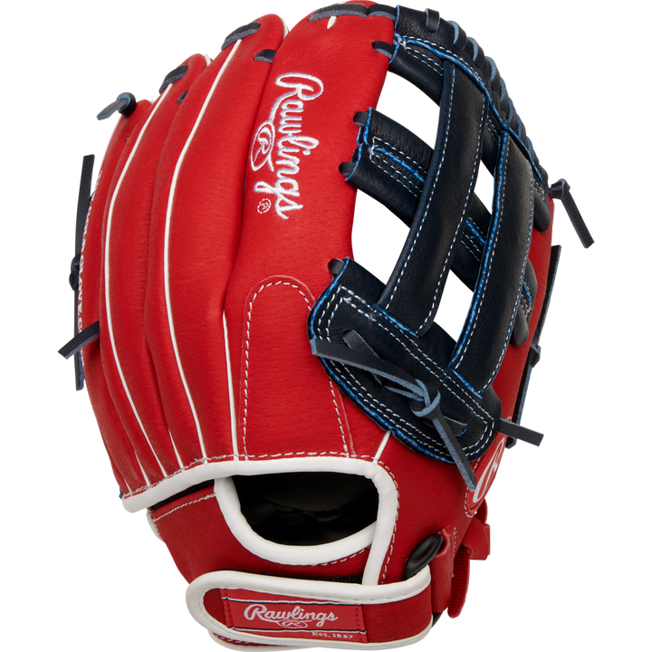 The Rawlings Sure Catch 11.5" Bryce Harper Youth Baseball Glove (SC115BH) features a red and navy blue design, white stitching, laces, and logo, basket web style, and is shown from the back.