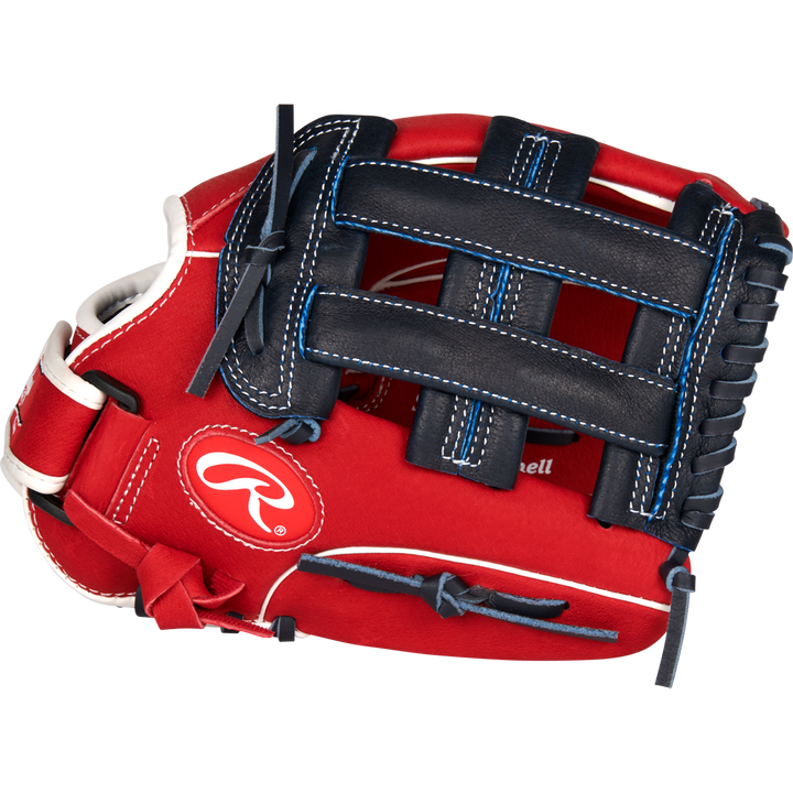 The Rawlings Sure Catch 11.5" Bryce Harper Youth Baseball Glove (SC115BH) features red and black colors with white and blue stitching, the Rawlings logo on the side, and is displayed against a plain light background.