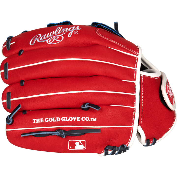 A red Rawlings Sure Catch 11.5" Bryce Harper youth baseball glove with white accents, featuring the Rawlings logo, THE GOLD GLOVE CO.™ text, and the MLB logo on the palm.