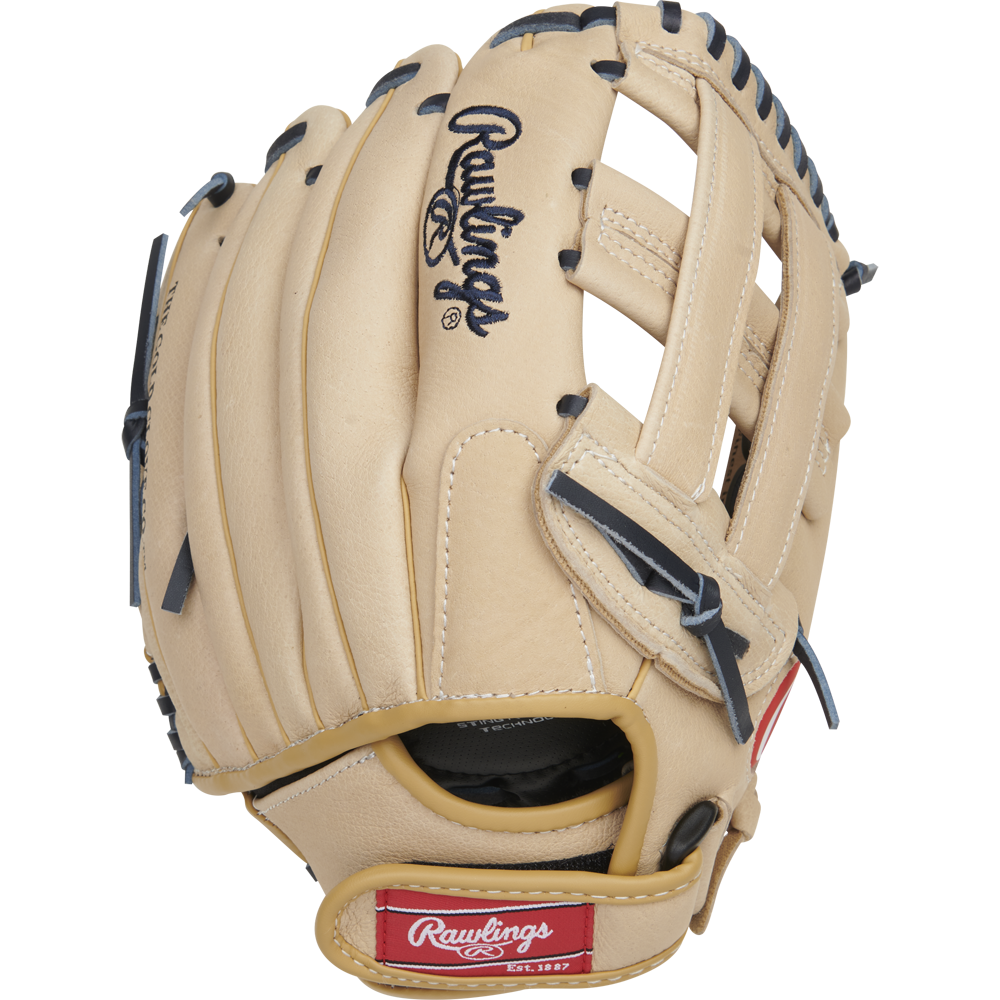 The Rawlings Sure Catch 11.5" Christian Yelich Youth Baseball Glove (SC115CY) features tan leather with black stitching and lacing, an open web, a black Rawlings logo on the back, and a red Rawlings patch near the wrist.