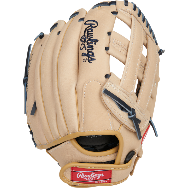 The Rawlings Sure Catch 11.5" Christian Yelich Youth Baseball Glove (SC115CY) features tan leather with black stitching and lacing, an open web, a black Rawlings logo on the back, and a red Rawlings patch near the wrist.