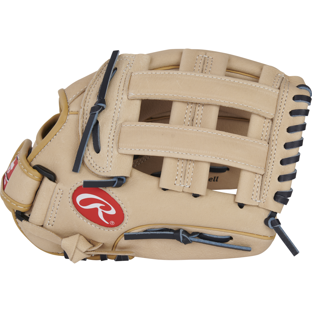 The Rawlings Sure Catch 11.5" Christian Yelich Youth Baseball Glove (SC115CY) features a tan design with black laces and a red Rawlings logo patch, shown against a plain white background.