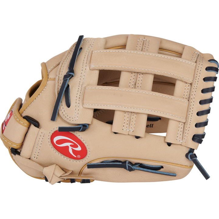 The Rawlings Sure Catch 11.5" Christian Yelich Youth Baseball Glove (SC115CY) features a tan design with black laces and a red Rawlings logo patch, shown against a plain white background.