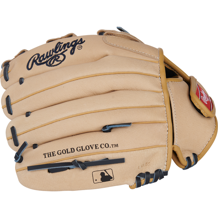 A Rawlings Sure Catch 11.5" Christian Yelich Youth Baseball Glove (SC115CY) in tan with black laces, Rawlings and THE GOLD GLOVE CO.™ logos, plus the MLB logo, is shown against a plain white background.
