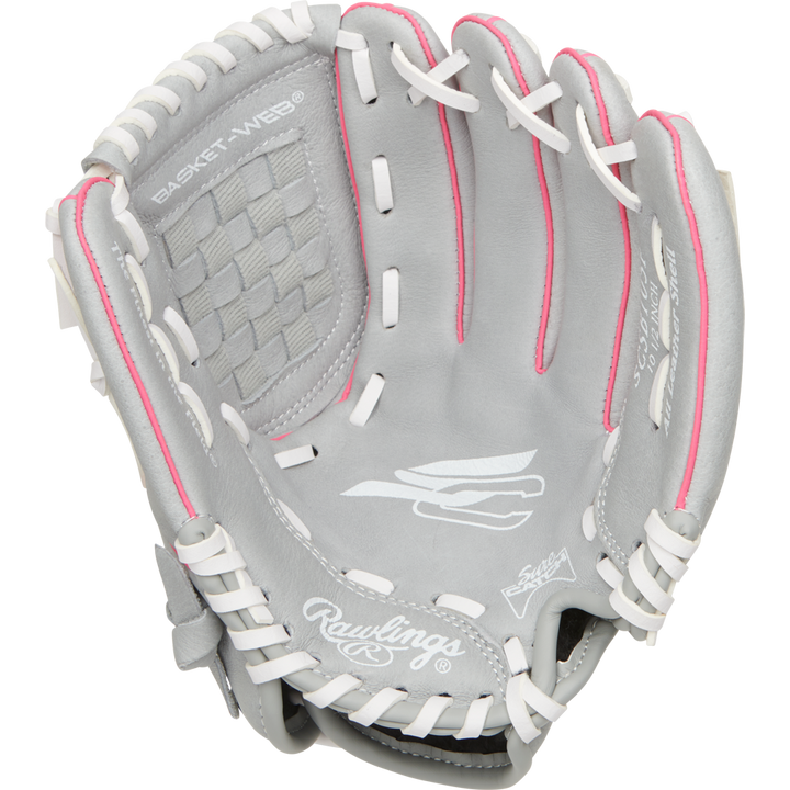 A Rawlings Sure Catch 10.5" Fastpitch Glove (SCSB105P) in gray with white lacing and pink accents, shown open with "BASKET-WEB" text on the webbing and visible brand logos inside the palm.
