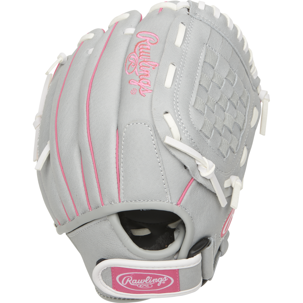 The Rawlings Sure Catch 10.5" Fastpitch Glove (SCSB105P) features a gray design with white laces, pink accents, and a pink Rawlings logoโmaking it perfect for youth outfielders.