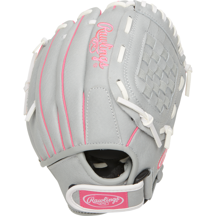 The Rawlings Sure Catch 10.5" Fastpitch Glove (SCSB105P) features a gray design with white laces, pink accents, and a pink Rawlings logo—making it perfect for youth outfielders.