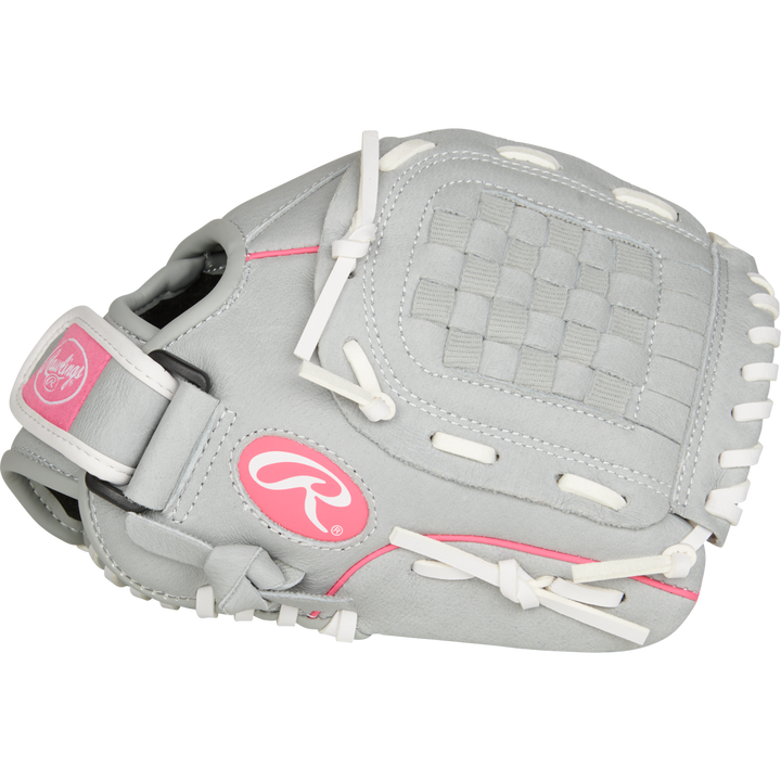 The Rawlings Sure Catch 10.5" Fastpitch Glove (SCSB105P) features a gray design with white laces, pink stitching, and pink logo accents—ideal as a youth outfield glove.
