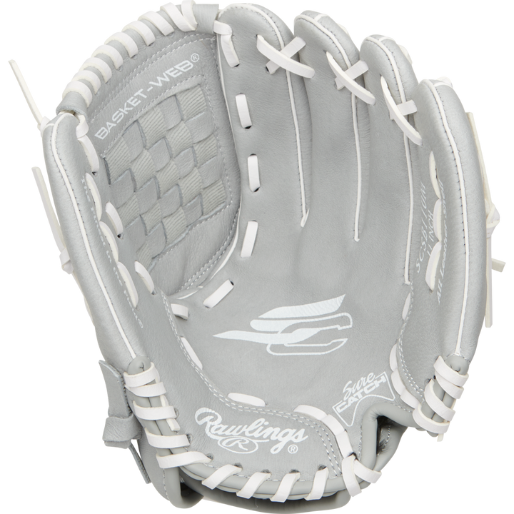 The Rawlings Sure Catch 11" Fastpitch Glove (SCSB110M) features a gray design with white laces, basket web, and silver logos. Displayed palm-up on a white background, this youth glove offers stylish performance for young players.