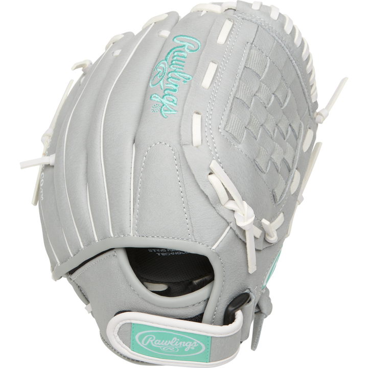 The Rawlings Sure Catch 11" Fastpitch Glove (SCSB110M) features light gray color, white laces, teal accents, a woven web pocket, and the Rawlings logoβideal for youth softball.