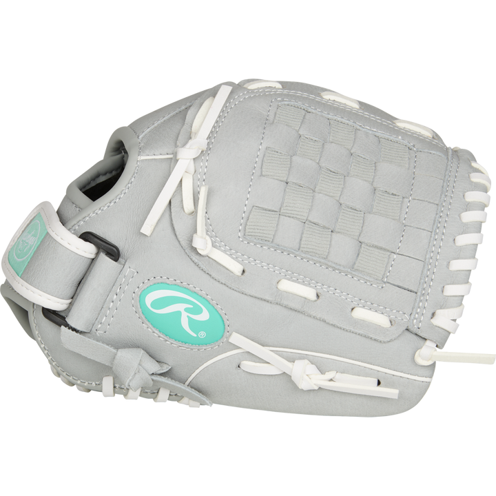 A light gray Rawlings Sure Catch 11" Fastpitch Glove (SCSB110M) for youth, featuring white laces and a teal logo on the side, is displayed against a plain white background.