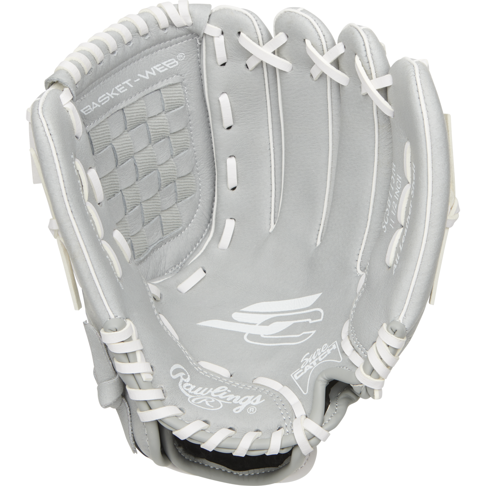 The Rawlings Sure Catch 11.5" Fastpitch Glove (SCSB115M) is a youth softball glove in gray with white laces, detailed stitching, basket-web design, and Rawlings logos on the palm and thumb.