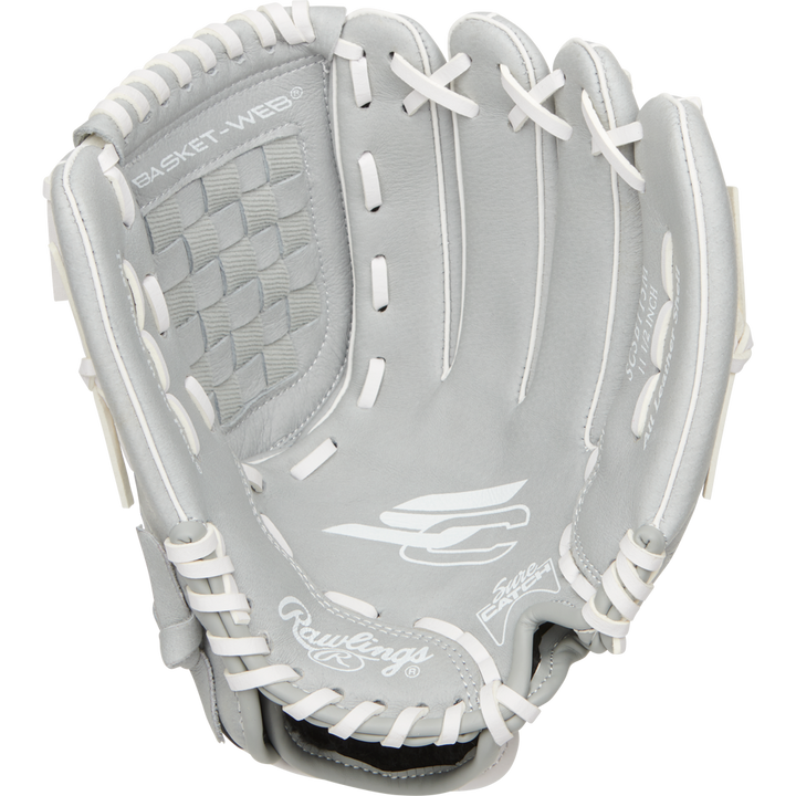 The Rawlings Sure Catch 11.5" Fastpitch Glove (SCSB115M) is a youth softball glove in gray with white laces, detailed stitching, basket-web design, and Rawlings logos on the palm and thumb.