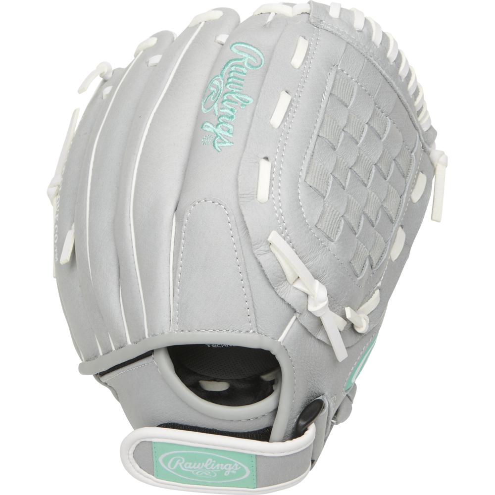 The Rawlings Sure Catch 11.5" Fastpitch Glove (SCSB115M) is a youth softball glove in light gray with white laces, mint green accents, and the Rawlings logo on the back and wrist strap. It features a basket web and open back design.