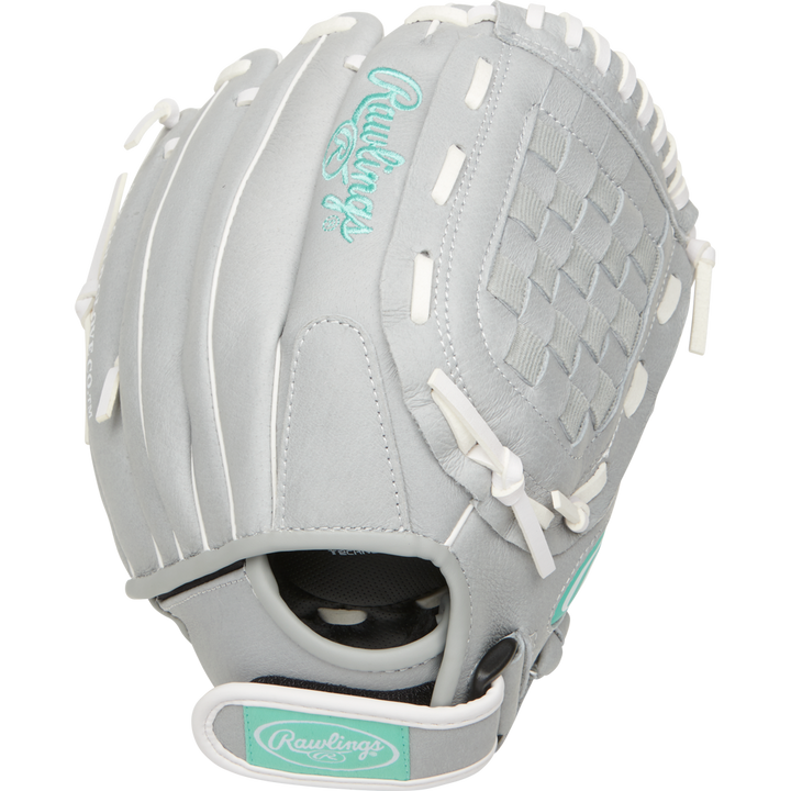 The Rawlings Sure Catch 11.5" Fastpitch Glove (SCSB115M) is a youth softball glove in light gray with white laces, mint green accents, and the Rawlings logo on the back and wrist strap. It features a basket web and open back design.