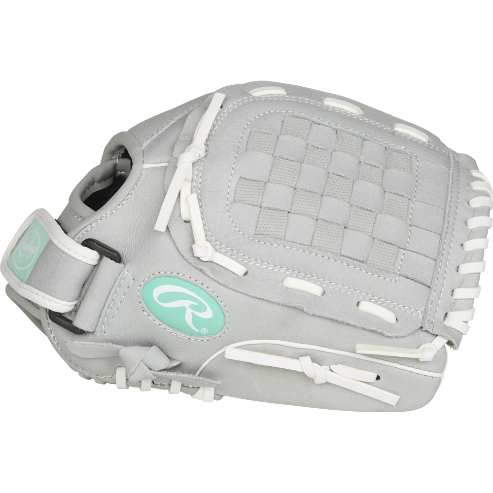 The Rawlings Sure Catch 11.5" Fastpitch Glove (SCSB115M) is a light gray youth softball glove with white laces, teal logo accents, a woven web design, and an adjustable wrist strap.