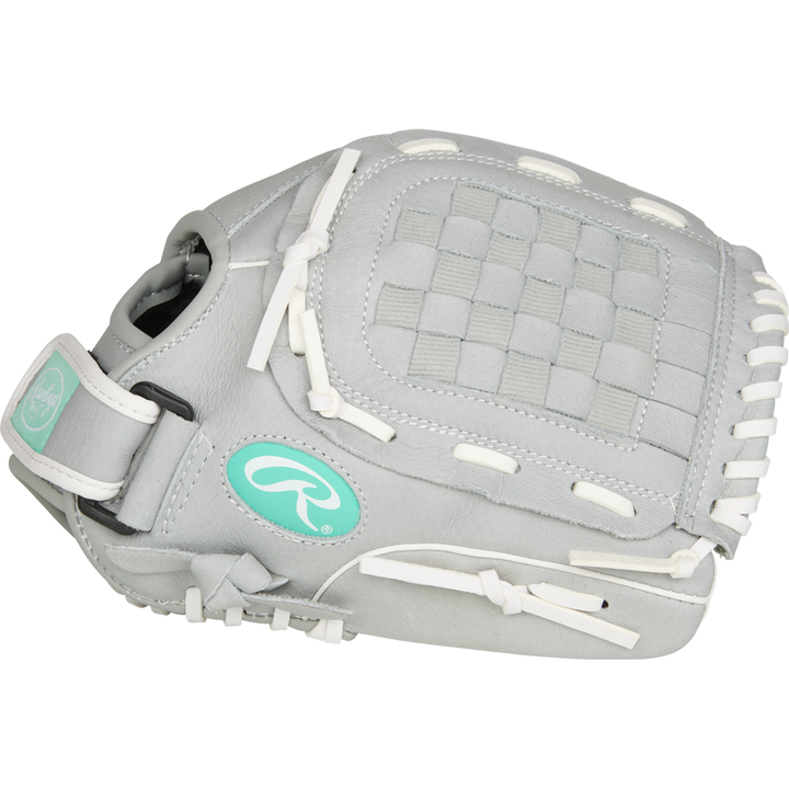 The Rawlings Sure Catch 11.5" Fastpitch Glove (SCSB115M) is a light gray youth softball glove with white laces, teal logo accents, a woven web design, and an adjustable wrist strap.