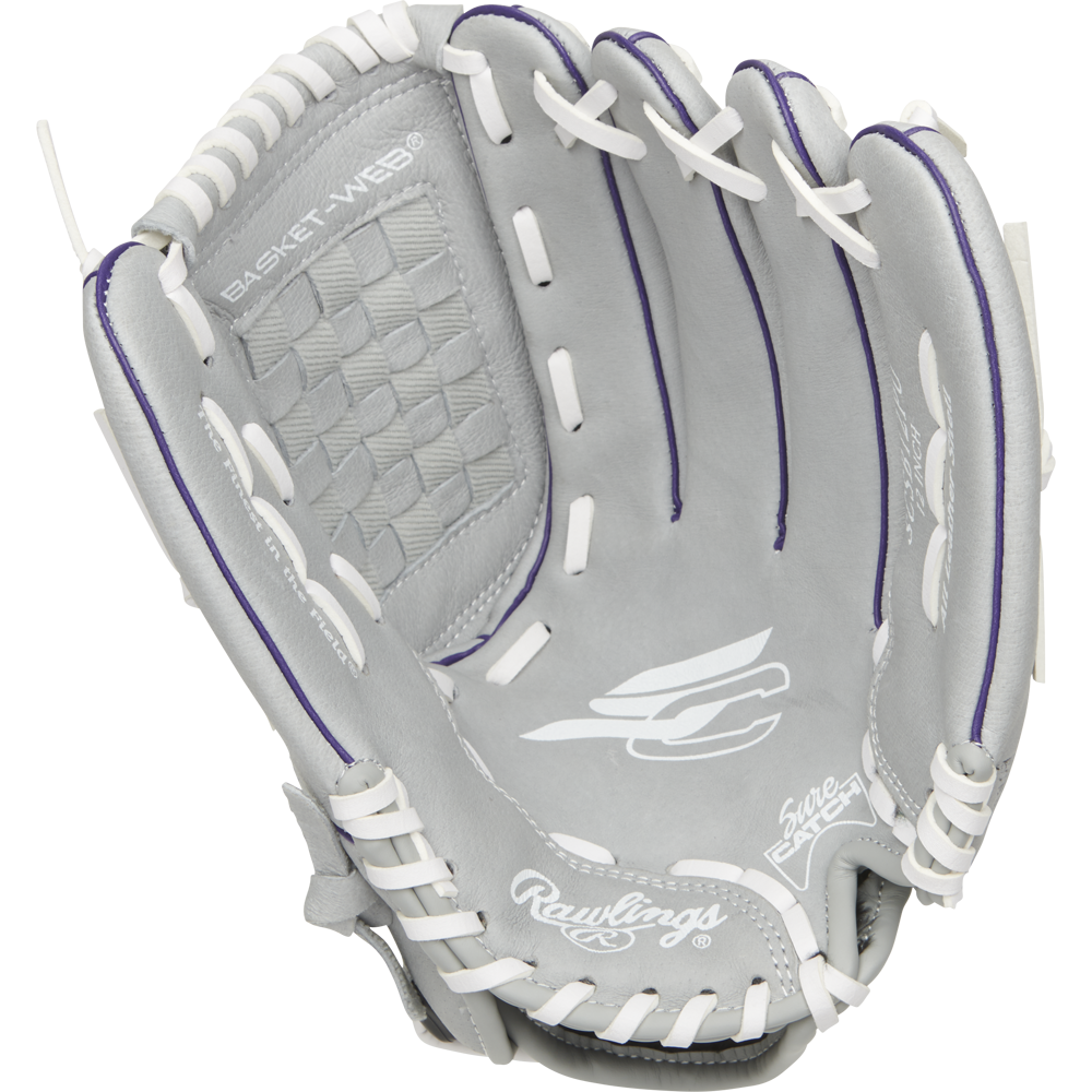 The Rawlings Sure Catch 12" Fastpitch Glove (SCSB12PU) is a gray youth glove with white laces, purple stitching, and a basket web, shown open to highlight its interior and Rawlings branding.