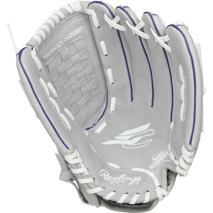 The Rawlings Sure Catch 12" Fastpitch Glove (SCSB12PU) is a gray youth glove with white laces, purple stitching, and a basket web, shown open to highlight its interior and Rawlings branding.