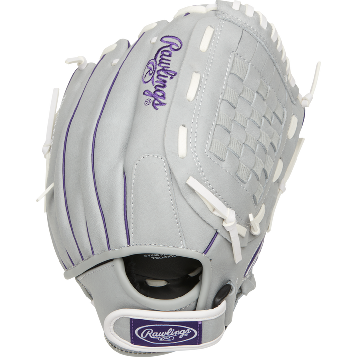The Rawlings Sure Catch 12.5" Fastpitch Glove (SCSB125PU) is gray with white lacing, purple accents, a purple Rawlings logo, a basket web pattern, and an adjustable wrist strap—perfect as a youth softball glove.