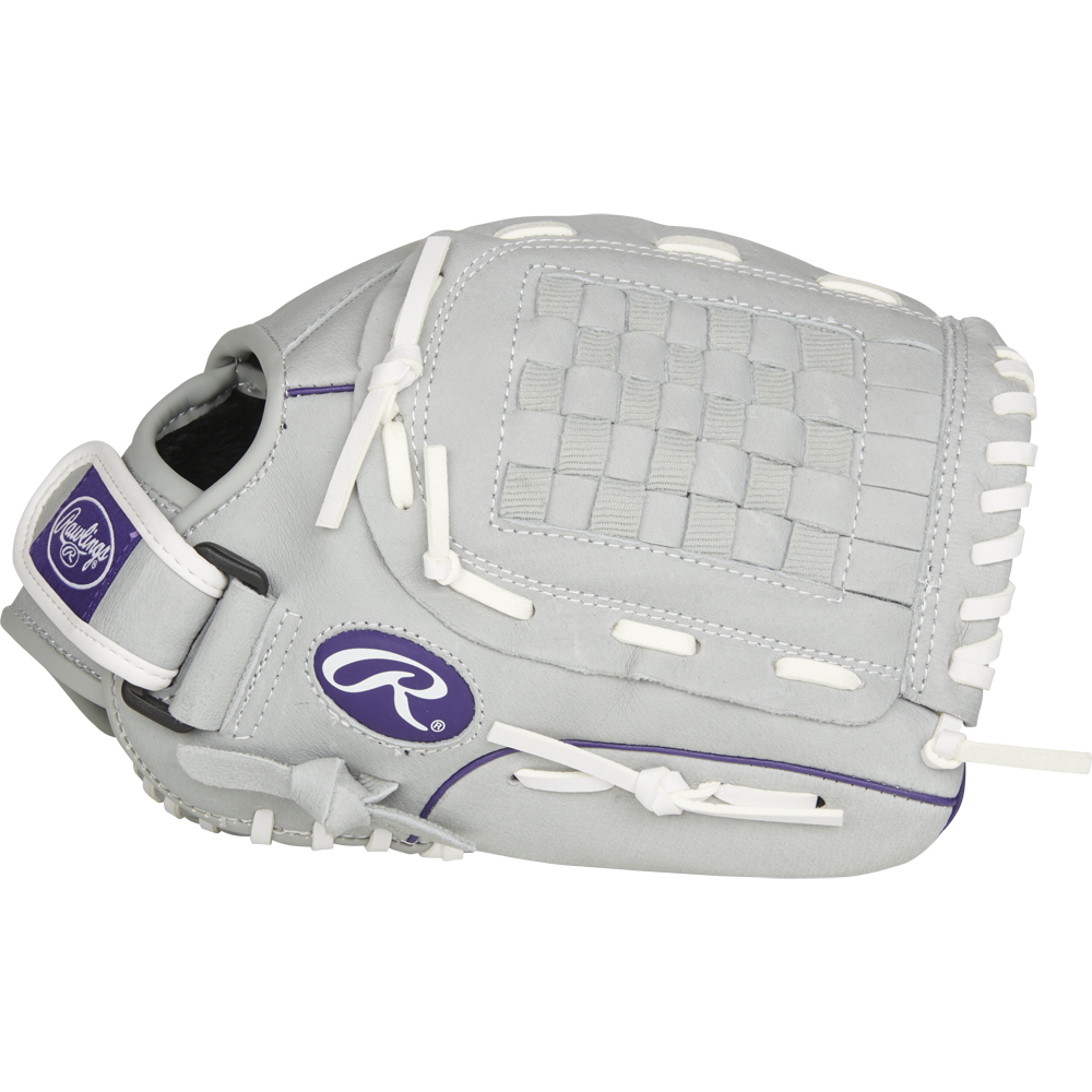 The Rawlings Sure Catch 12" Fastpitch Glove (SCSB12PU) is a light gray youth softball glove with white laces, purple accents, a basket web, and the Rawlings logo on the wrist strap and back.