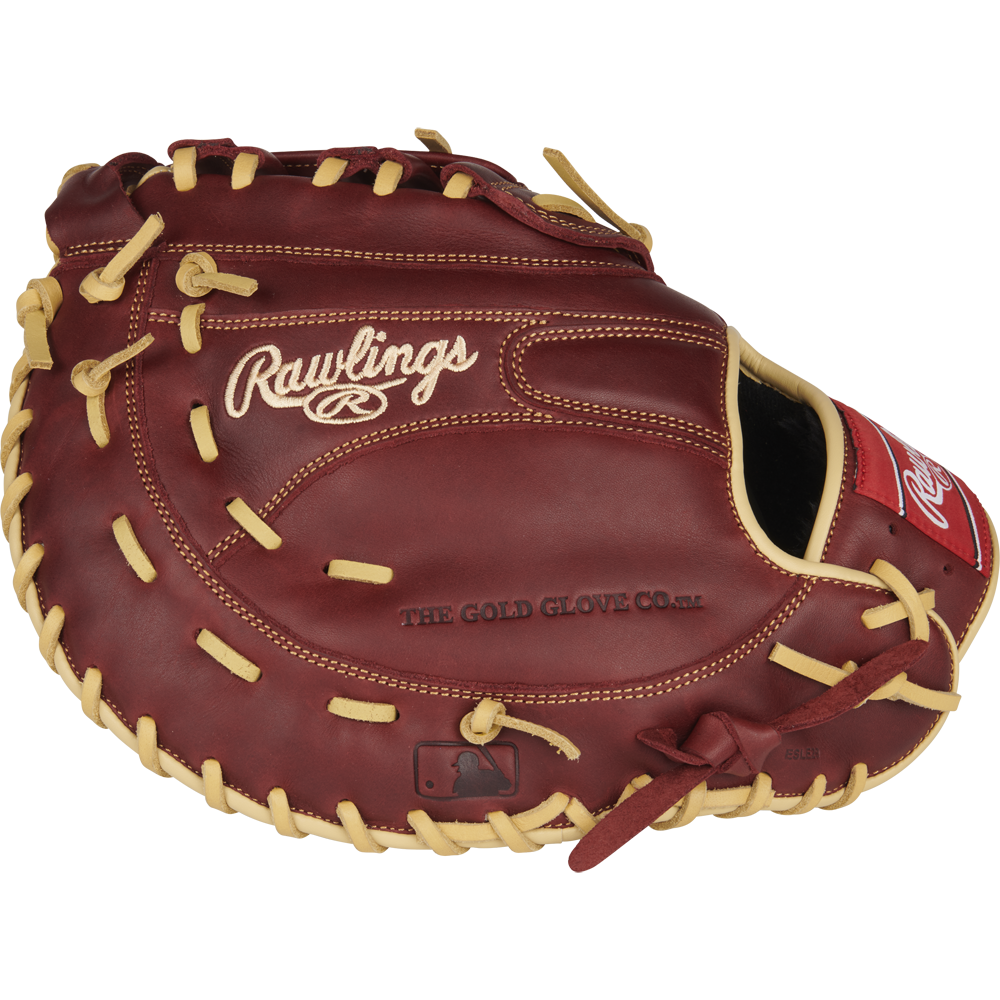 A Rawlings Sandlot 12.5" Baseball First Base Mitt (SFM18S) in brown with tan laces, featuring Rawlings and The Gold Glove Co. stamps, is displayed closed against a plain white background.