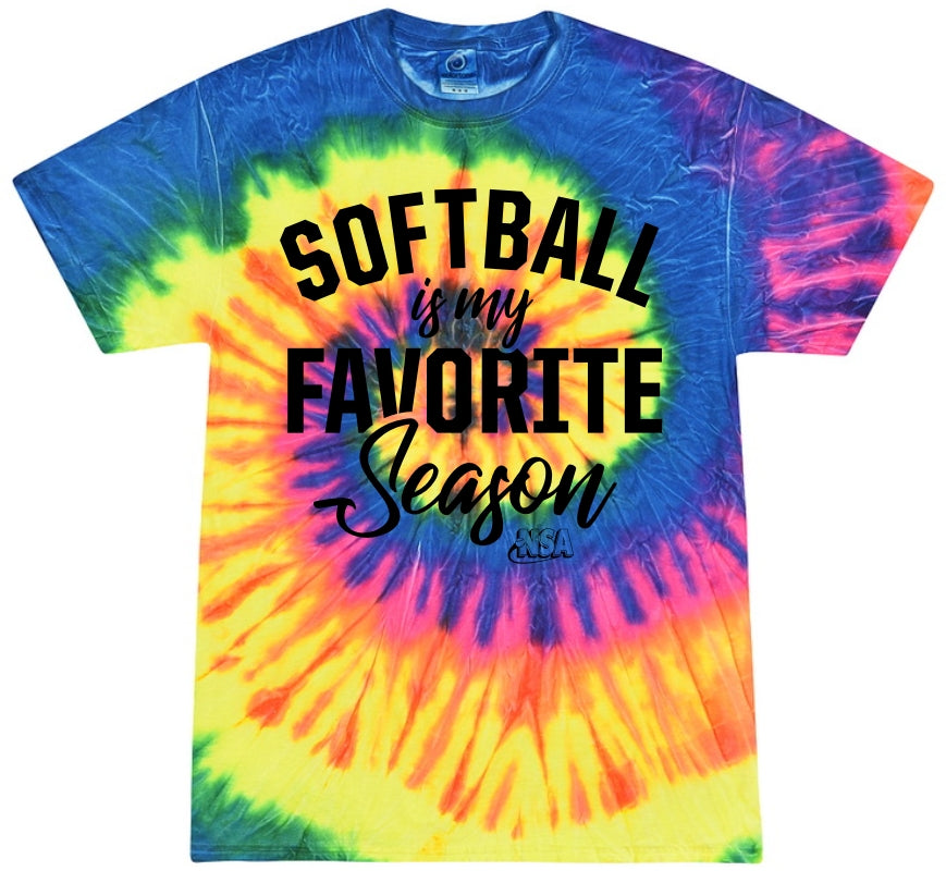 The NSA Softball is My Favorite Season Short Sleeve Shirt by DSG Apparel features bright tie-dye swirls and bold “SOFTBALL is my FAVORITE Season” text—a vibrant pick for any National Softball Association fan.