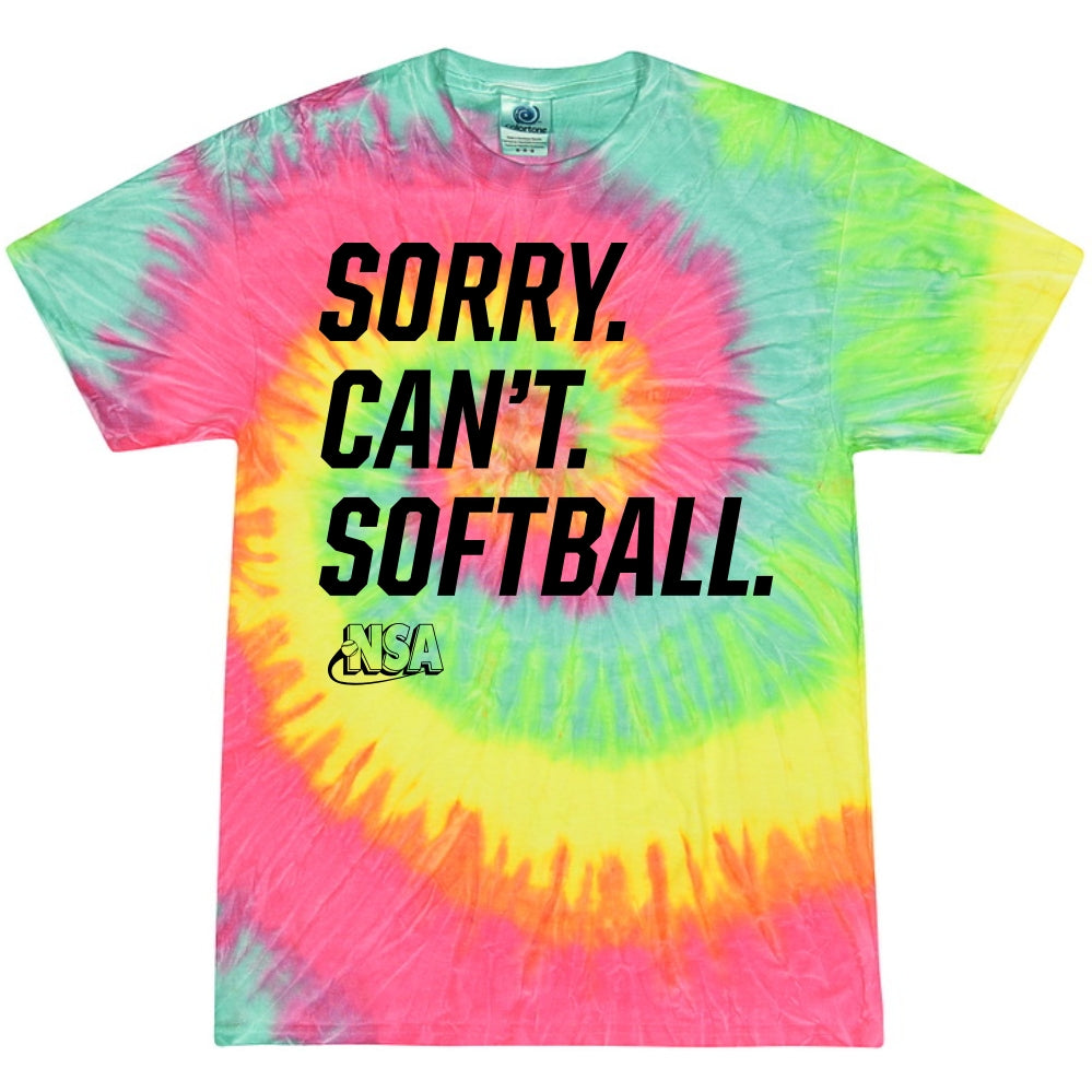 The DSG Apparel NSA Sorry Can't Softball Short Sleeve Shirt features yellow, green, pink, and blue tie-dye swirls with bold black "SORRY. CANT. SOFTBALL." text and a small yellow National Softball Association softball logo on the front.